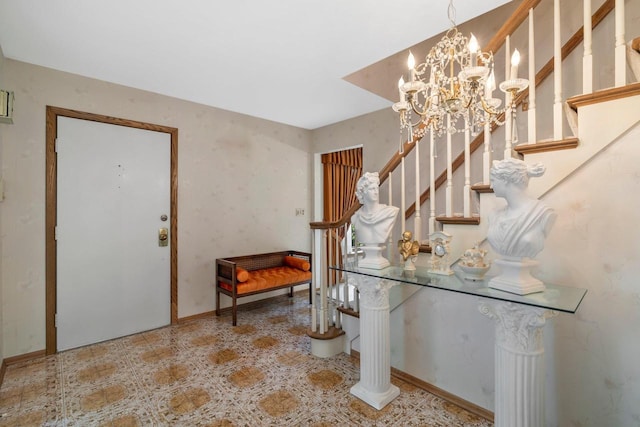 15075 Kings Ridge Ct, Brookfield, WI 53005 - foyer entrance featuring stairway, tile patterned floors, and a chandelier