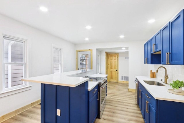 2533 S Austin St, Milwaukee, WI 53207 - kitchen featuring a sink, blue cabinetry, stainless steel appliances, baseboards, and recessed lighting