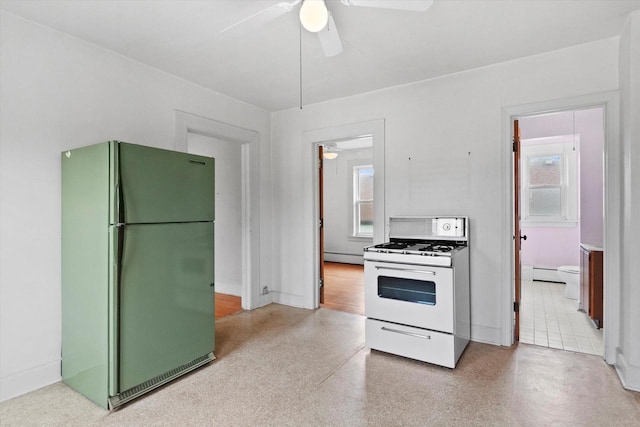 3700 E Hammond Ave, Cudahy, WI 53110 - kitchen with freestanding refrigerator, white range with gas cooktop, green cabinetry, and ceiling fan