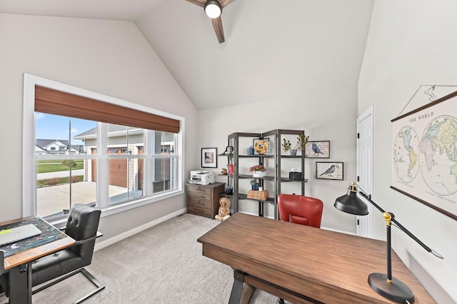 N56W27213 Crispin Ct, Lisbon, WI 53089 - carpeted office space with vaulted ceiling, ceiling fan, and baseboards