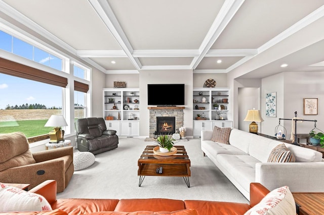 N56W27213 Crispin Ct, Lisbon, WI 53089 - living room featuring beam ceiling, a fireplace, ornamental molding, recessed lighting, and carpet
