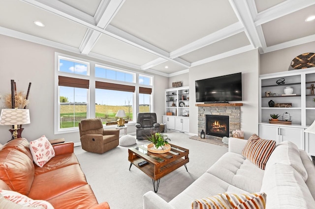 N56W27213 Crispin Ct, Lisbon, WI 53089 - living room with coffered ceiling, plenty of natural light, a stone fireplace, beamed ceiling, and light colored carpet