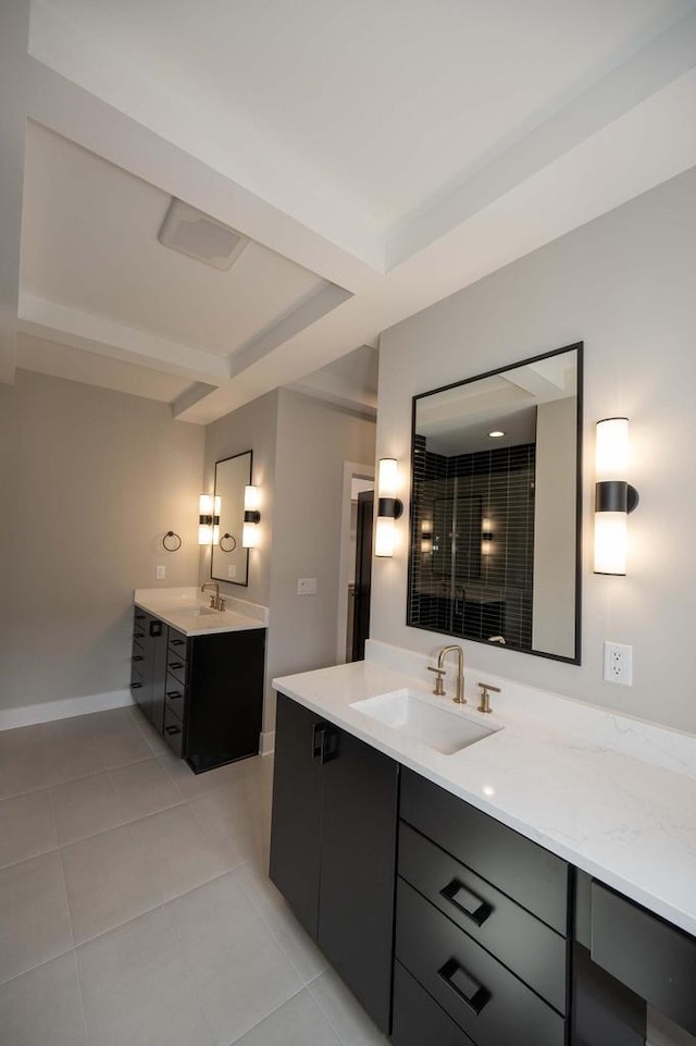624 Green Bay Rd, Thiensville, WI 53092 - bathroom with two vanities, baseboards, and tile patterned flooring