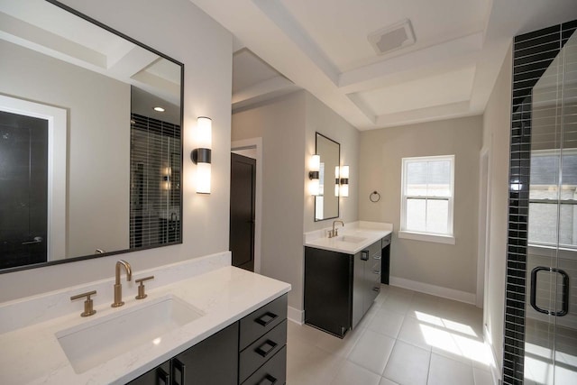624 Green Bay Rd, Thiensville, WI 53092 - bathroom with two vanities, tile patterned floors, a shower stall, and baseboards
