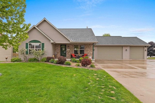1603 Pine Tree Ln, Luxemburg, WI 54217 - view of front facade featuring an attached garage, concrete driveway, a front lawn, roof with shingles, and a porch