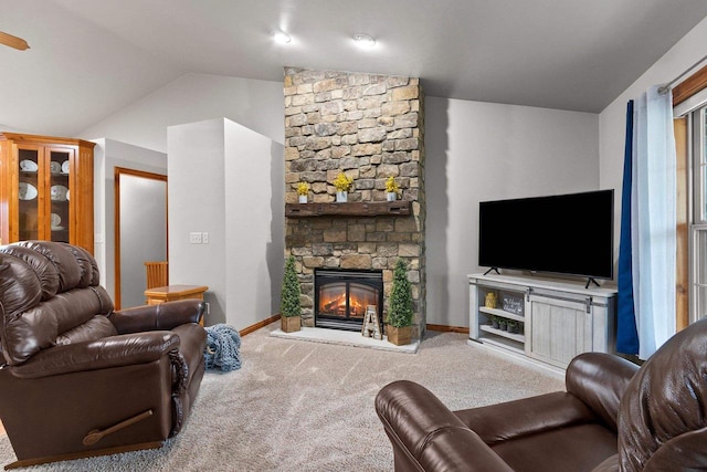 1603 Pine Tree Ln, Luxemburg, WI 54217 - living room featuring lofted ceiling, carpet flooring, a fireplace, and baseboards