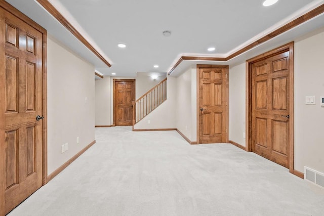 209 E Timberline Dr, Appleton, WI 54913 - below grade area featuring recessed lighting, light carpet, baseboards, and stairs