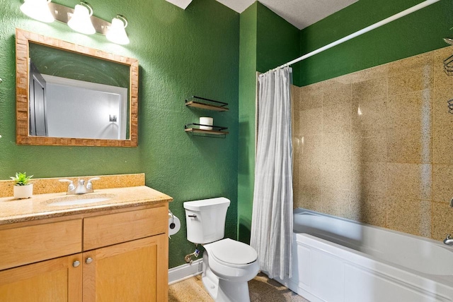 606 W Wisconsin Ave Unit 301, Milwaukee, WI 53203 - bathroom featuring vanity, shower / bath combination with curtain, toilet, and a textured wall