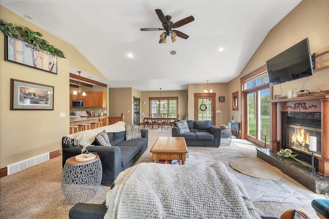 1817 Bonk Ln, Little Suamico, WI 54141 - living room with a glass covered fireplace, a ceiling fan, carpet flooring, recessed lighting, and baseboards