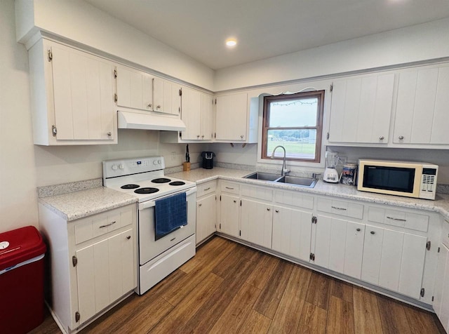1120 4th St, Baraboo, WI 53913 - kitchen with white appliances, under cabinet range hood, a sink, dark wood-type flooring, and light countertops