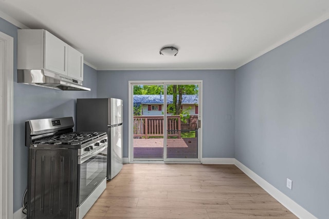 603 Spring St, Lake Geneva, WI 53147 - kitchen featuring stainless steel appliances, under cabinet range hood, white cabinets, light wood-style flooring, and crown molding