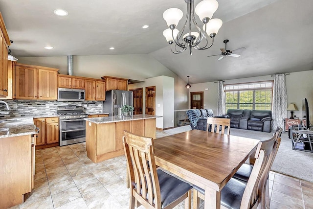 3251 Bower Creek Rd, De Pere, WI 54115 - dining area with lofted ceiling, ceiling fan, a chandelier, light tile patterned floors, and recessed lighting