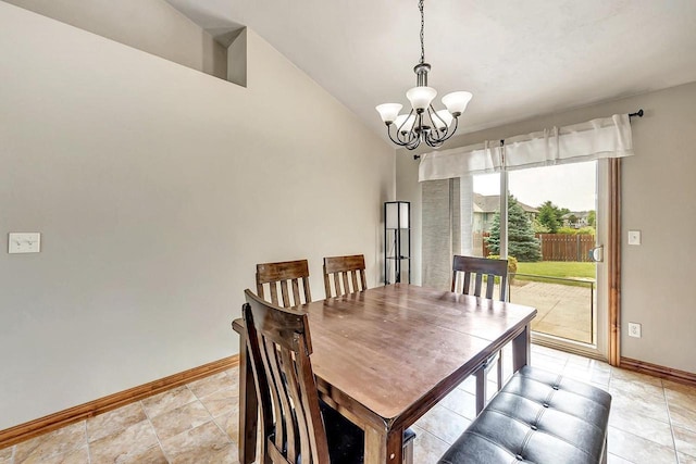 3251 Bower Creek Rd, De Pere, WI 54115 - dining space featuring a chandelier, baseboards, and lofted ceiling