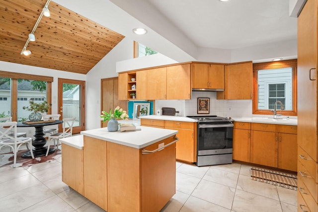 5160 N Idlewild Ave, Whitefish Bay, WI 53217 - kitchen with electric stove, rail lighting, open shelves, light countertops, and backsplash