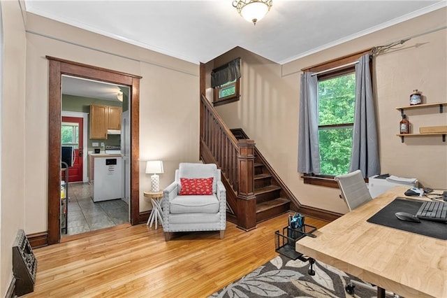 1528 Bellevue Ave, Eau Claire, WI 54703 - office area featuring crown molding, light wood finished floors, and baseboards