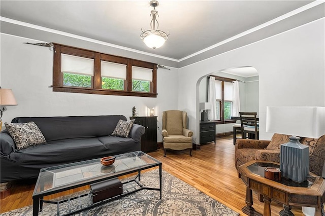 1528 Bellevue Ave, Eau Claire, WI 54703 - living room with arched walkways, light wood-style flooring, and crown molding