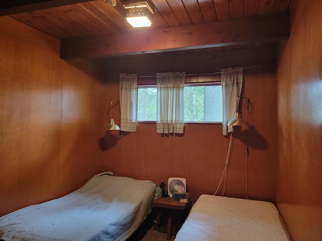 N9225 Sumac Ln, Gresham, WI 54128 - bedroom with wood walls and wood ceiling with exposed beams