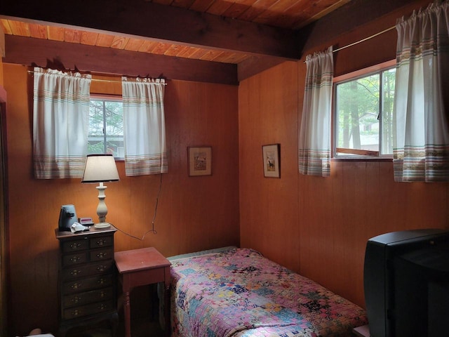 N9225 Sumac Ln, Gresham, WI 54128 - bedroom featuring multiple windows, wooden walls, and wooden ceiling with exposed beams