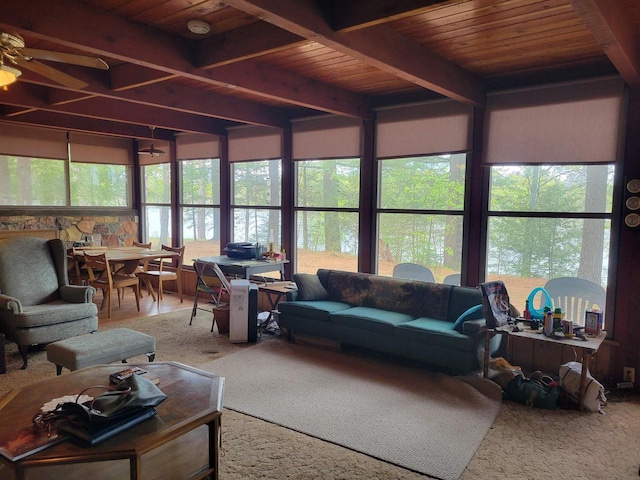 N9225 Sumac Ln, Gresham, WI 54128 - living area with a ceiling fan, healthy amount of natural light, and wooden ceiling