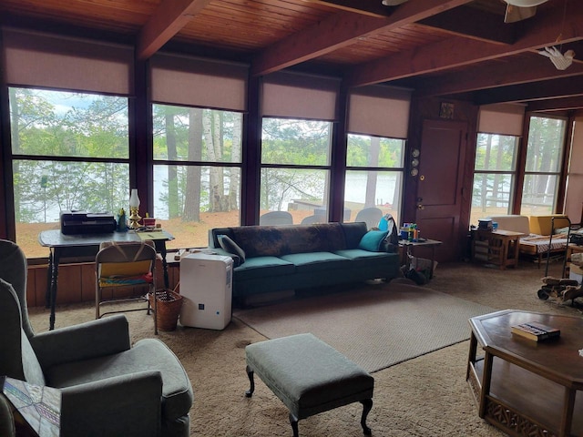 N9225 Sumac Ln, Gresham, WI 54128 - living area with wooden ceiling with exposed beams and carpet floors