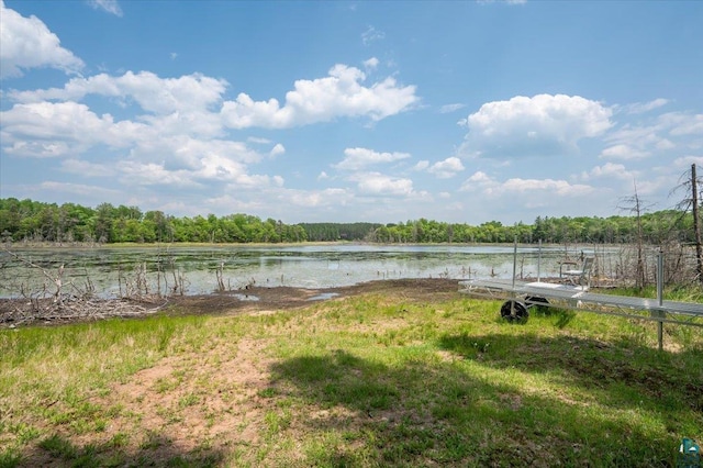 14095 E Catherine Lake Rd, Solon Springs, WI 54873 - water view with a heavily wooded area and a dock