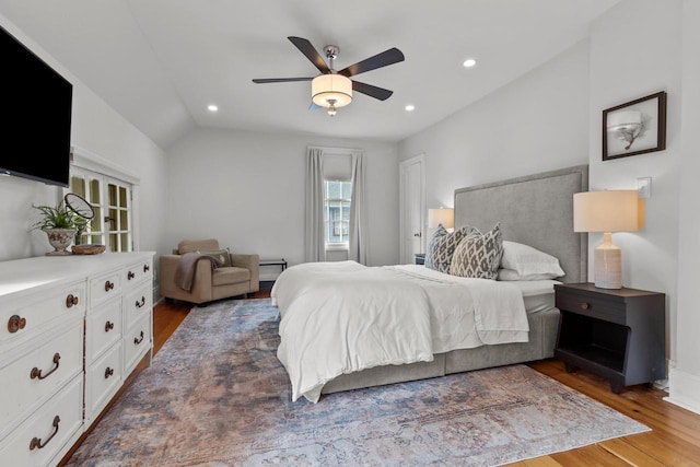 234 Warren St, Lake Geneva, WI 53147 - bedroom featuring wood finished floors, recessed lighting, lofted ceiling, and ceiling fan