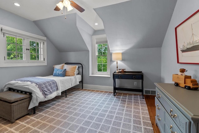 234 Warren St, Lake Geneva, WI 53147 - bedroom featuring vaulted ceiling, baseboards, recessed lighting, a ceiling fan, and light wood finished floors