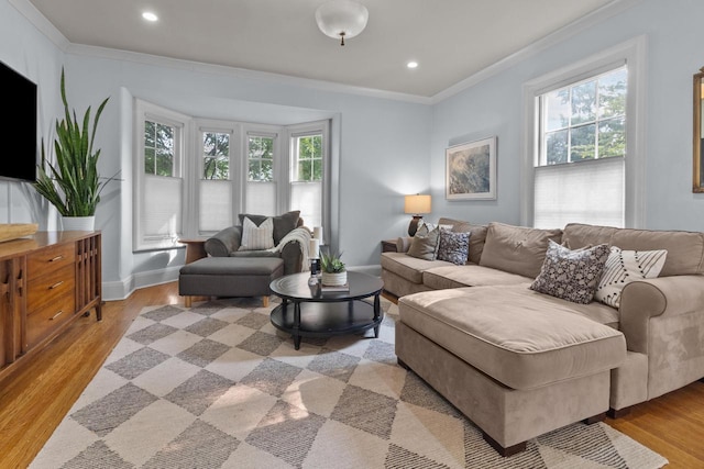 234 Warren St, Lake Geneva, WI 53147 - living room with ornamental molding, light wood-style flooring, recessed lighting, and baseboards