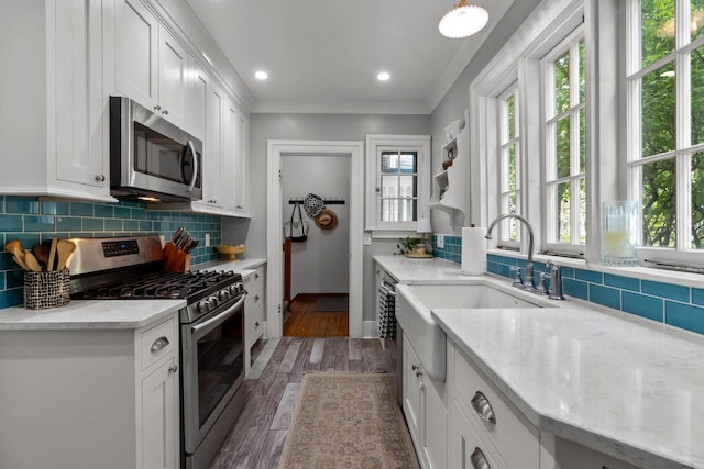 234 Warren St, Lake Geneva, WI 53147 - kitchen with appliances with stainless steel finishes, white cabinetry, wood finished floors, light stone countertops, and decorative backsplash