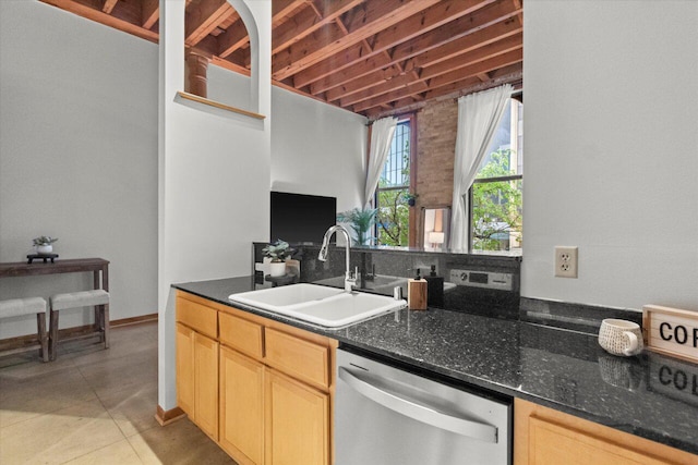 771 N Water St Unit 25, Milwaukee, WI 53202 - kitchen featuring stainless steel dishwasher, a sink, light brown cabinets, and dark stone counters