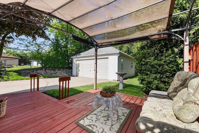2147 S 90th St, West Allis, WI 53227 - wooden terrace featuring an outdoor structure and a detached garage