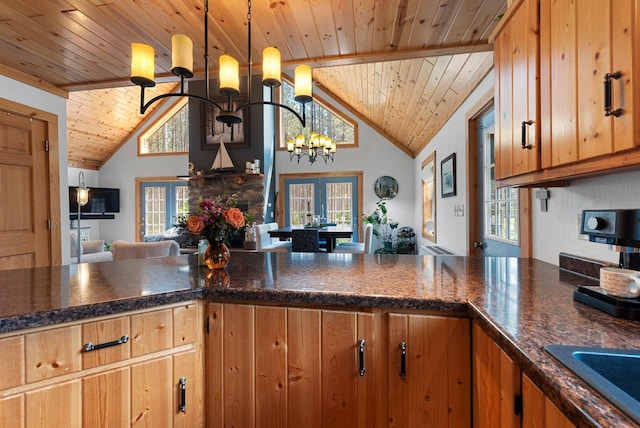 W7518 Addison Trl, Crivitz, WI 54114 - kitchen featuring wood ceiling, lofted ceiling, a chandelier, dark countertops, and open floor plan