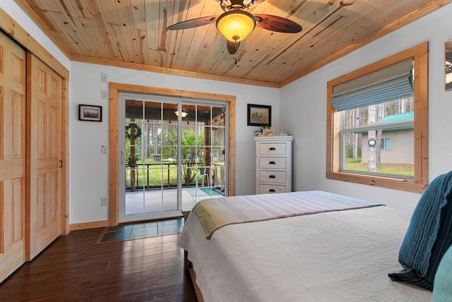 W7518 Addison Trl, Crivitz, WI 54114 - bedroom with access to exterior, dark wood-type flooring, wooden ceiling, ceiling fan, and baseboards