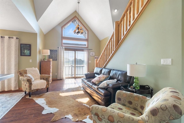 N8092 15th Ave, New Lisbon, WI 53950 - living room with stairway, wood finished floors, and high vaulted ceiling
