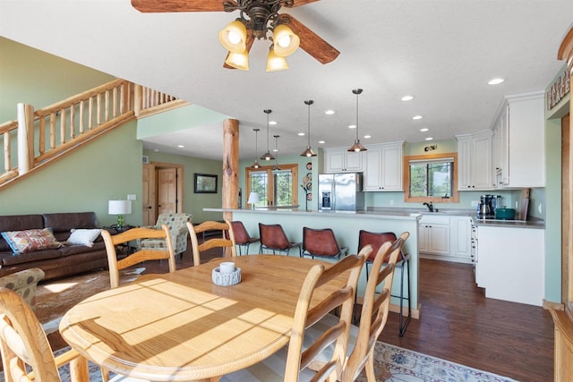N8092 15th Ave, New Lisbon, WI 53950 - dining room featuring a ceiling fan, recessed lighting, dark wood finished floors, and stairway