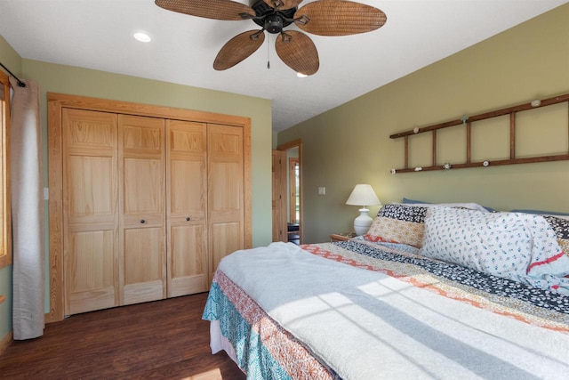 N8092 15th Ave, New Lisbon, WI 53950 - bedroom with dark wood finished floors, a closet, ceiling fan, and recessed lighting
