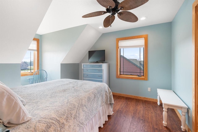 N8092 15th Ave, New Lisbon, WI 53950 - bedroom with multiple windows, dark wood finished floors, baseboards, recessed lighting, and ceiling fan
