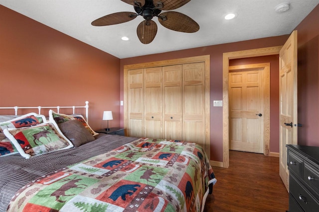 N8092 15th Ave, New Lisbon, WI 53950 - bedroom with dark wood-style flooring, baseboards, recessed lighting, a closet, and ceiling fan