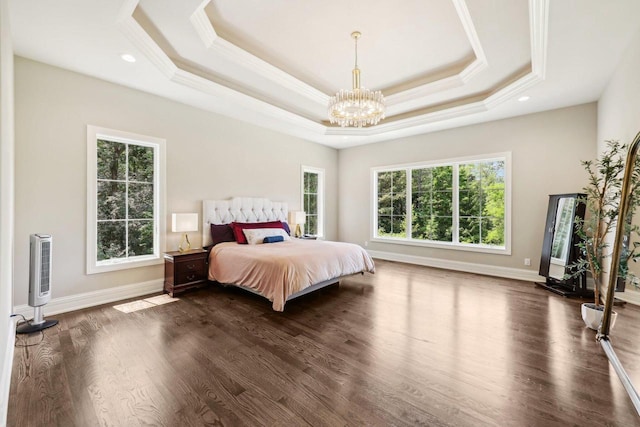 10031 N Range Line Rd, Mequon, WI 53092 - bedroom featuring a chandelier, crown molding, dark wood-style floors, a raised ceiling, and heating unit