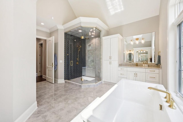 10031 N Range Line Rd, Mequon, WI 53092 - bathroom featuring a stall shower, a freestanding tub, vanity, crown molding, and a chandelier