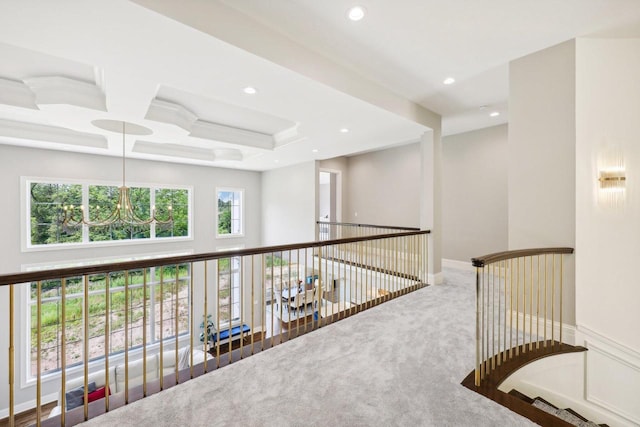 10031 N Range Line Rd, Mequon, WI 53092 - hall featuring carpet, a chandelier, recessed lighting, and coffered ceiling