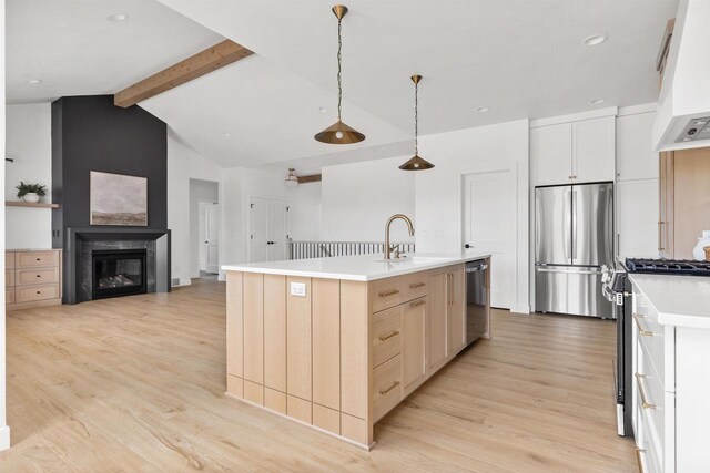 2590 N Stellita Cir, De Pere, WI 54115 - kitchen with appliances with stainless steel finishes, light wood finished floors, light countertops, a kitchen island with sink, and premium range hood