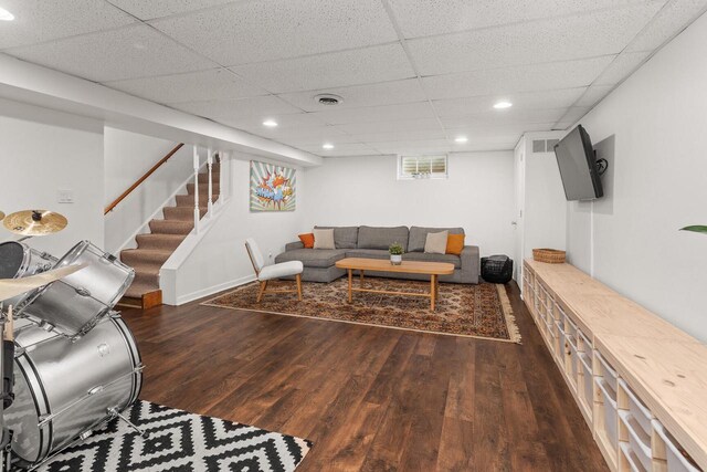 W62N322 Hanover Ave, Cedarburg, WI 53012 - living room with wood finished floors, stairway, recessed lighting, and a drop ceiling