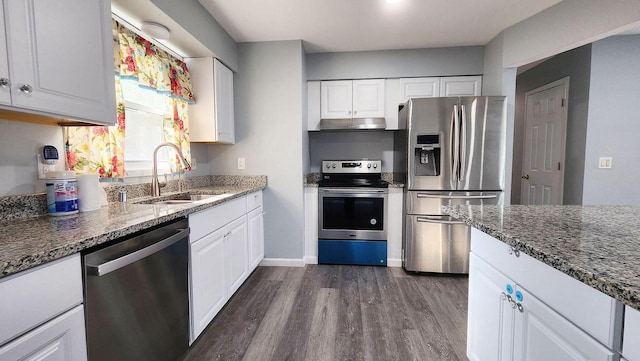 9085 N Joyce Ave, Milwaukee, WI 53224 - kitchen with appliances with stainless steel finishes, a sink, dark wood-style floors, and white cabinetry