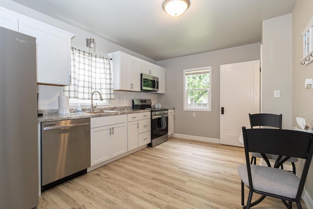 1614 N Richmond St, Appleton, WI 54911 - kitchen featuring appliances with stainless steel finishes, a sink, light wood-style floors, white cabinets, and tasteful backsplash