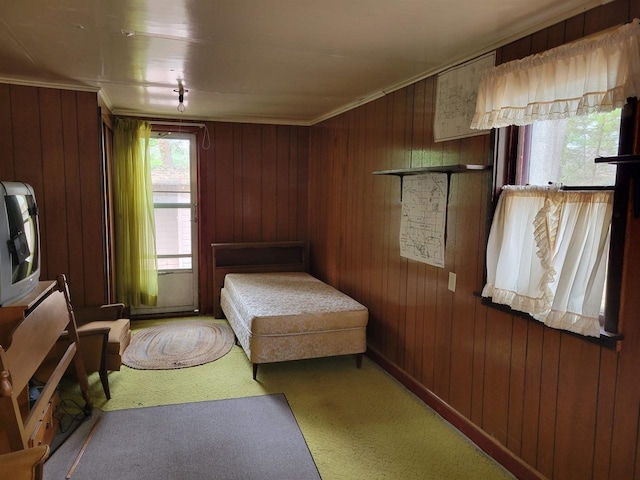 N9221 Sumac Ln, Gresham, WI 54128 - bedroom with light colored carpet, wood walls, and crown molding