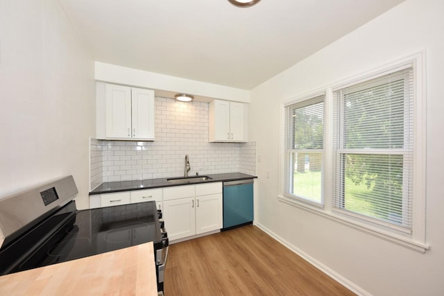 4757 N 21st St, Milwaukee, WI 53209 - kitchen with stainless steel electric range, dishwashing machine, a sink, decorative backsplash, and light wood-style floors