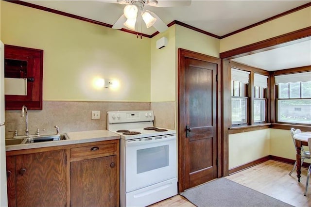 17174 59th Ave, Chippewa Falls, WI 54729 - kitchen featuring electric range, a sink, light wood-style flooring, ornamental molding, and ceiling fan