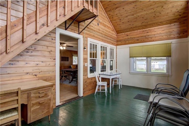 17174 59th Ave, Chippewa Falls, WI 54729 - sunroom / solarium featuring wood walls, wood ceiling, high vaulted ceiling, wood-type flooring, and a deck