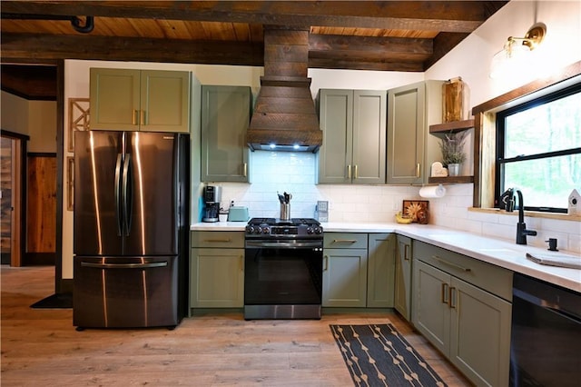 12008 US Highway 63, Hayward, WI 54843 - kitchen with stainless steel appliances, green cabinets, custom range hood, open shelves, and wooden ceiling with exposed beams